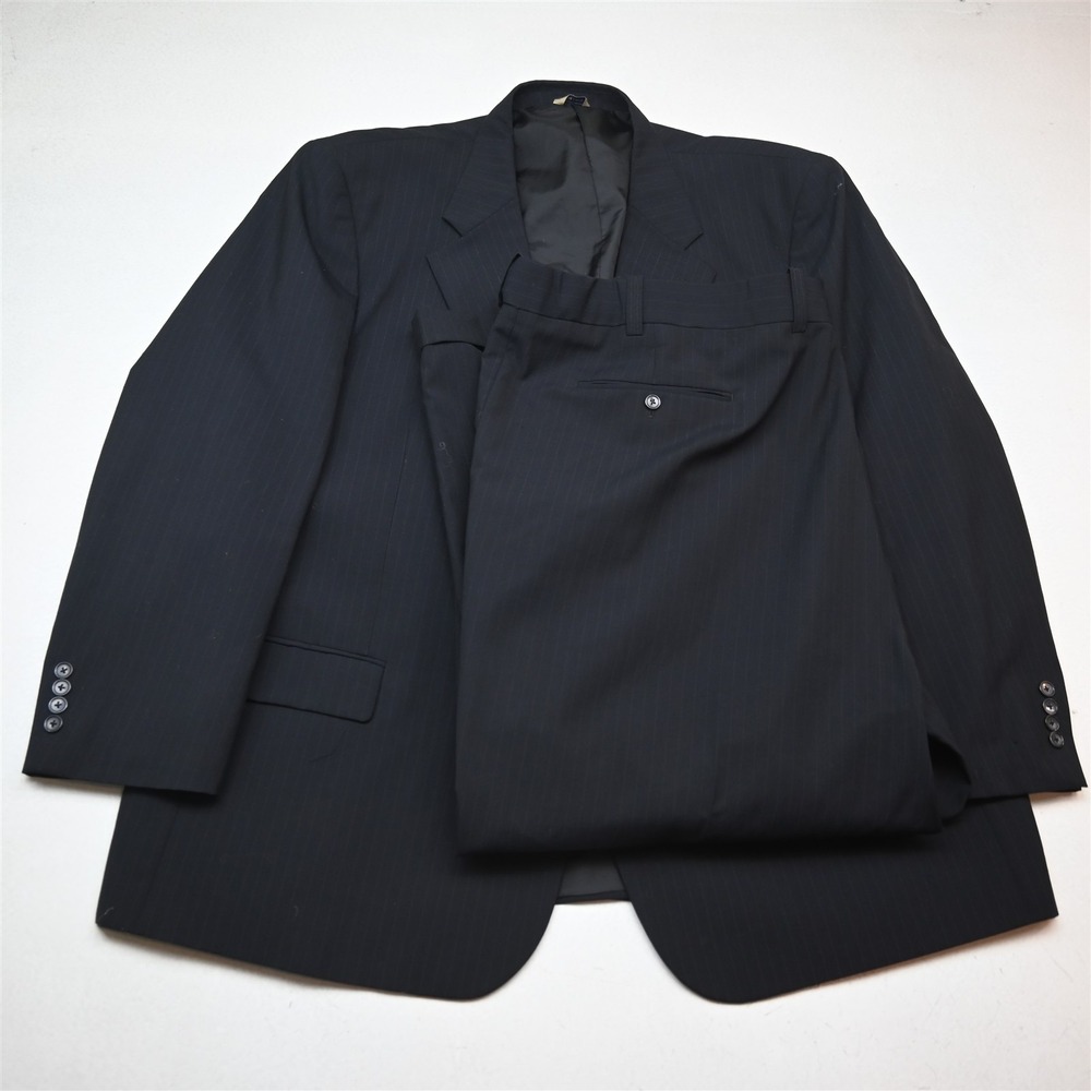 George Foreman 56R 54x30 Navy Blue Striped Wool Mens Jacket Pants Suit